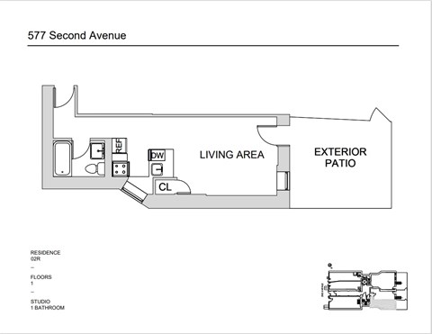 Floor plan for studio, 1 bath, 395 sqft